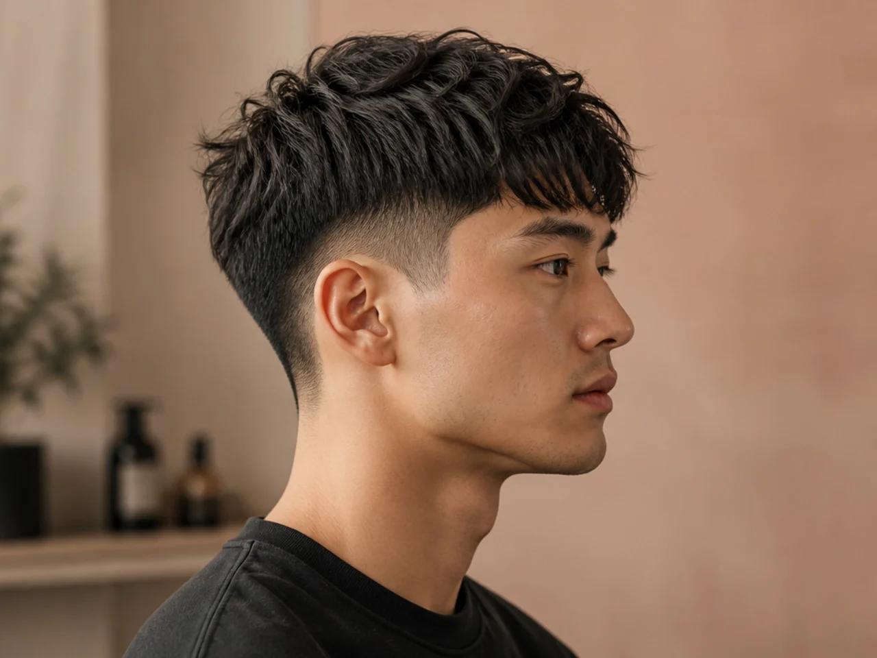 Men's hair styling products for a low taper fade textured fringe including matte clay, sea-salt spray, and curl cream