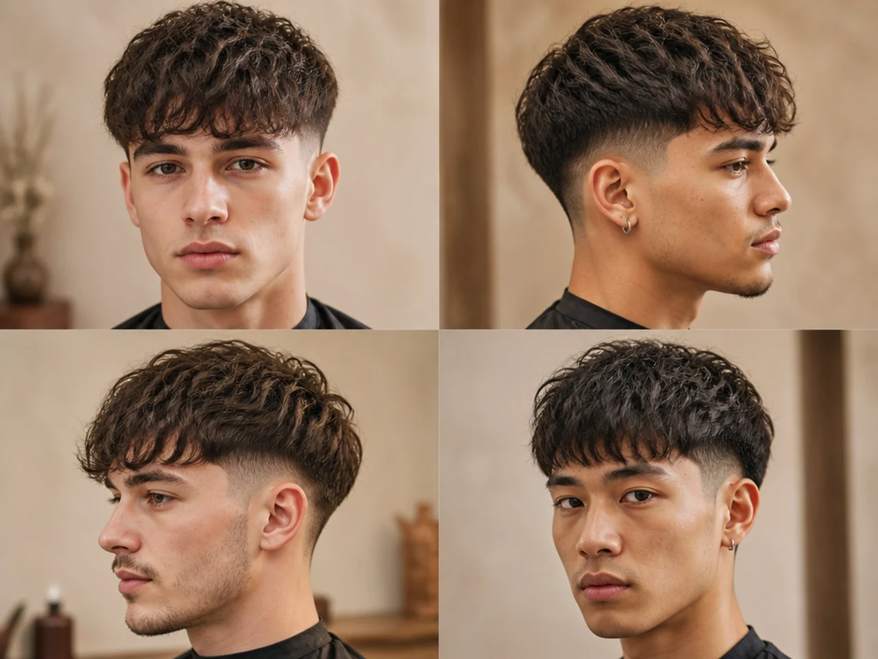 Grid of twenty low taper fade haircuts each paired with a different textured fringe treatment