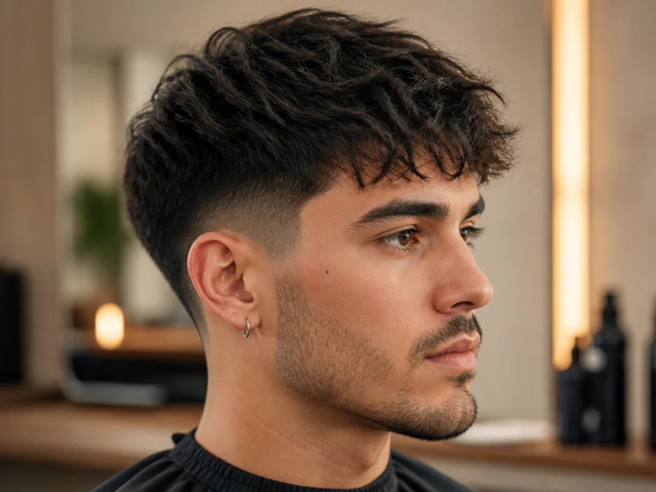 Low taper fade with a textured fringe shown from the front and side on brown wavy hair