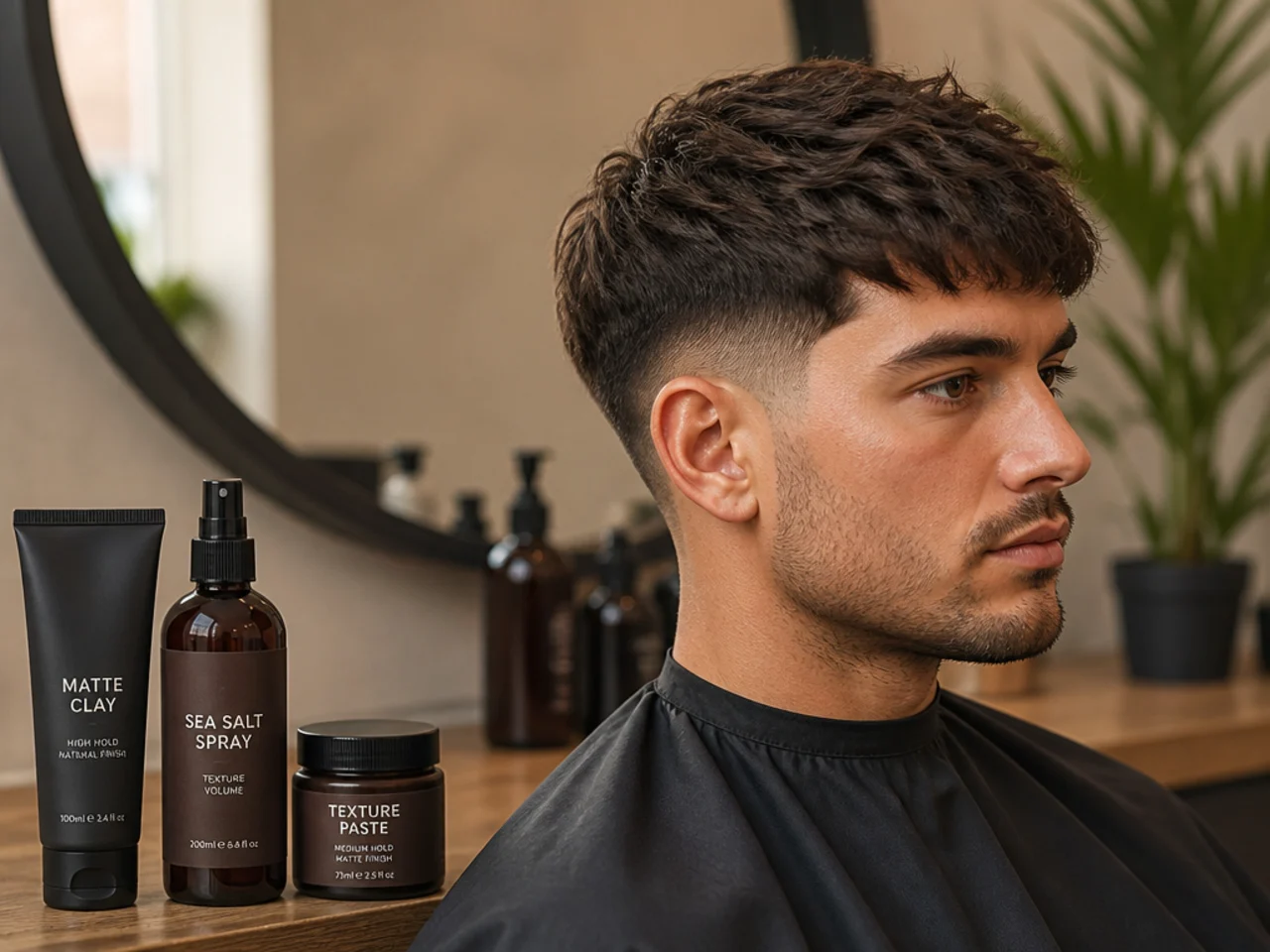 Flat lay of matte clay, matte paste, sea-salt spray, and curl cream for styling a low taper fade textured fringe
