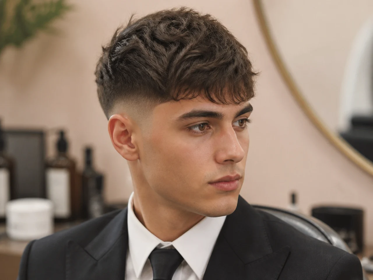 Three men with different face shapes wearing a low taper fade with a textured fringe