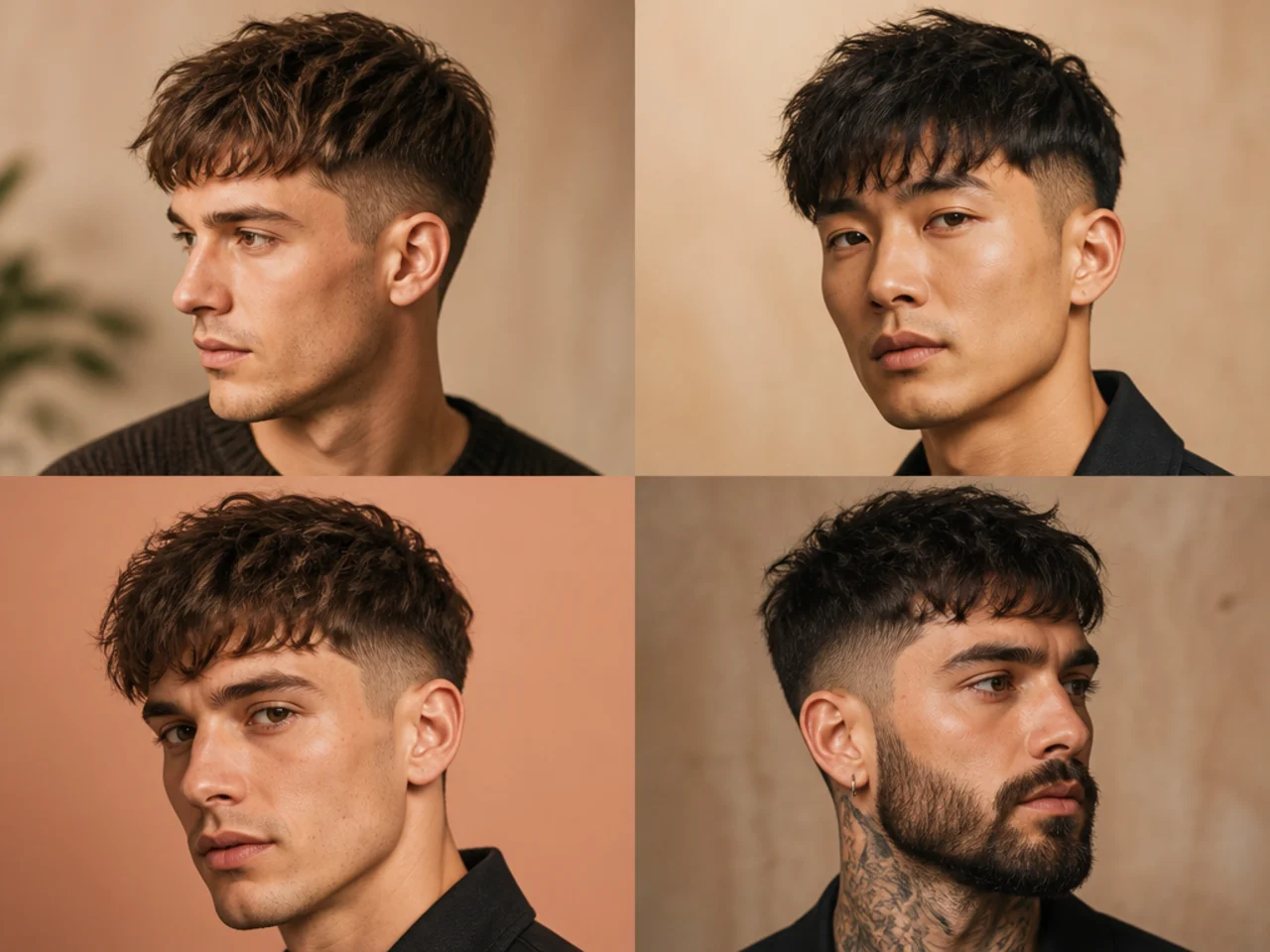 Point-cut textured fringe with soft chipped edge and low taper fade on brown hair