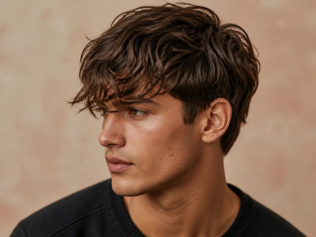 Longer textured fringe grazing the brows on a medium-length shag with soft layers