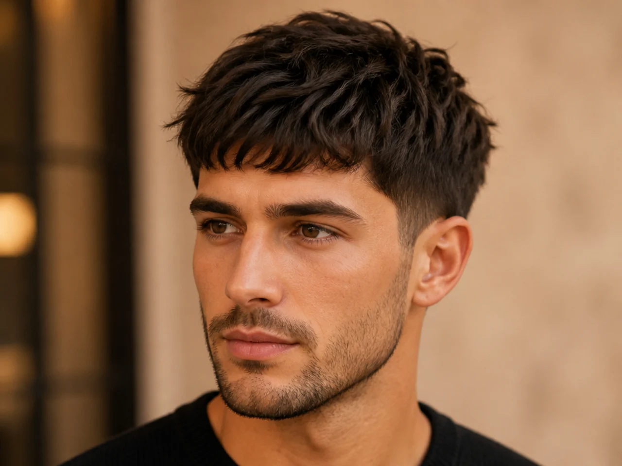 Shorter textured fringe stopping above the brow with heavy internal texture and high fade