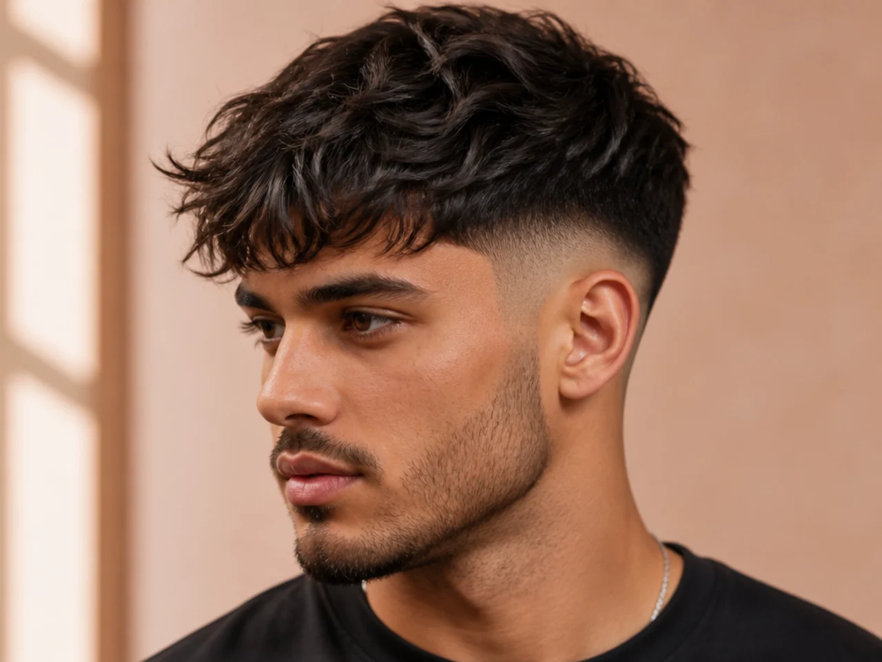 Textured fringe paired with a low fade starting just above the ears for a workplace-friendly look