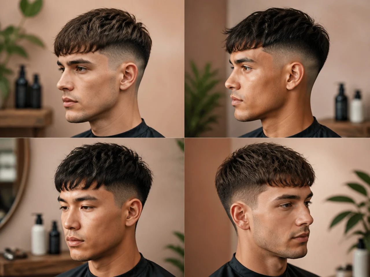 Textured fringe with a mid fade starting at the temple for balanced modern contrast