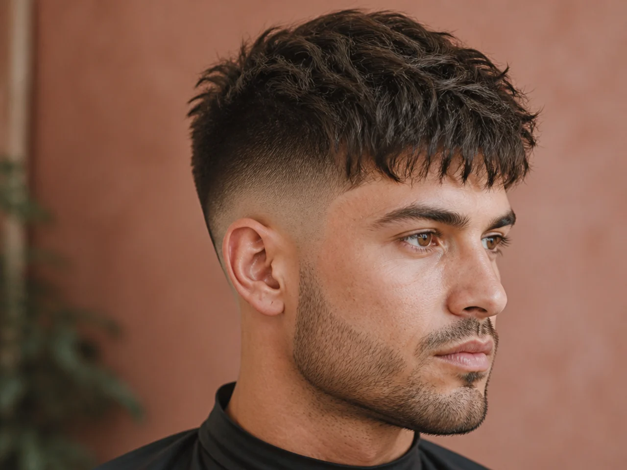 Textured fringe with a high skin fade climbing to the crown for maximum contrast