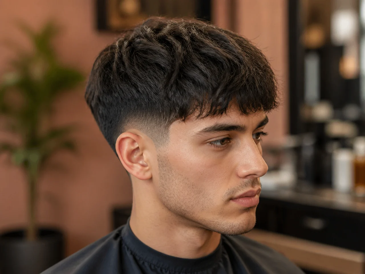 Textured fringe with a low taper fade around the ears and neckline for soft clean lines