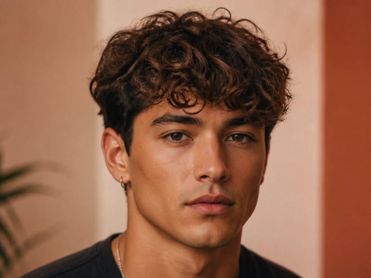 Curly textured fringe with defined 3B curls falling forward across a mid fade
