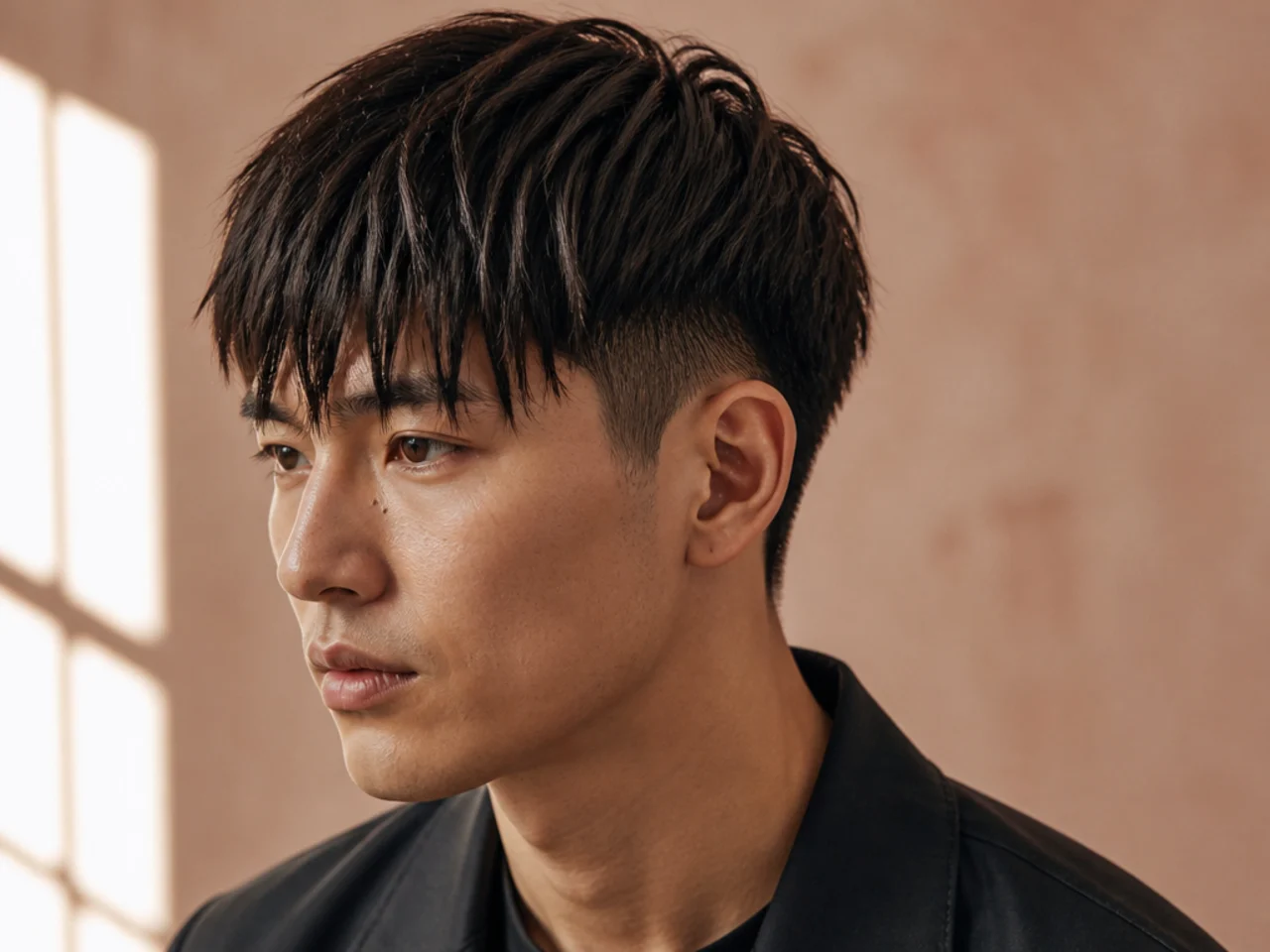 Straight textured fringe with clean forward drop and light point-cut edge on fine hair