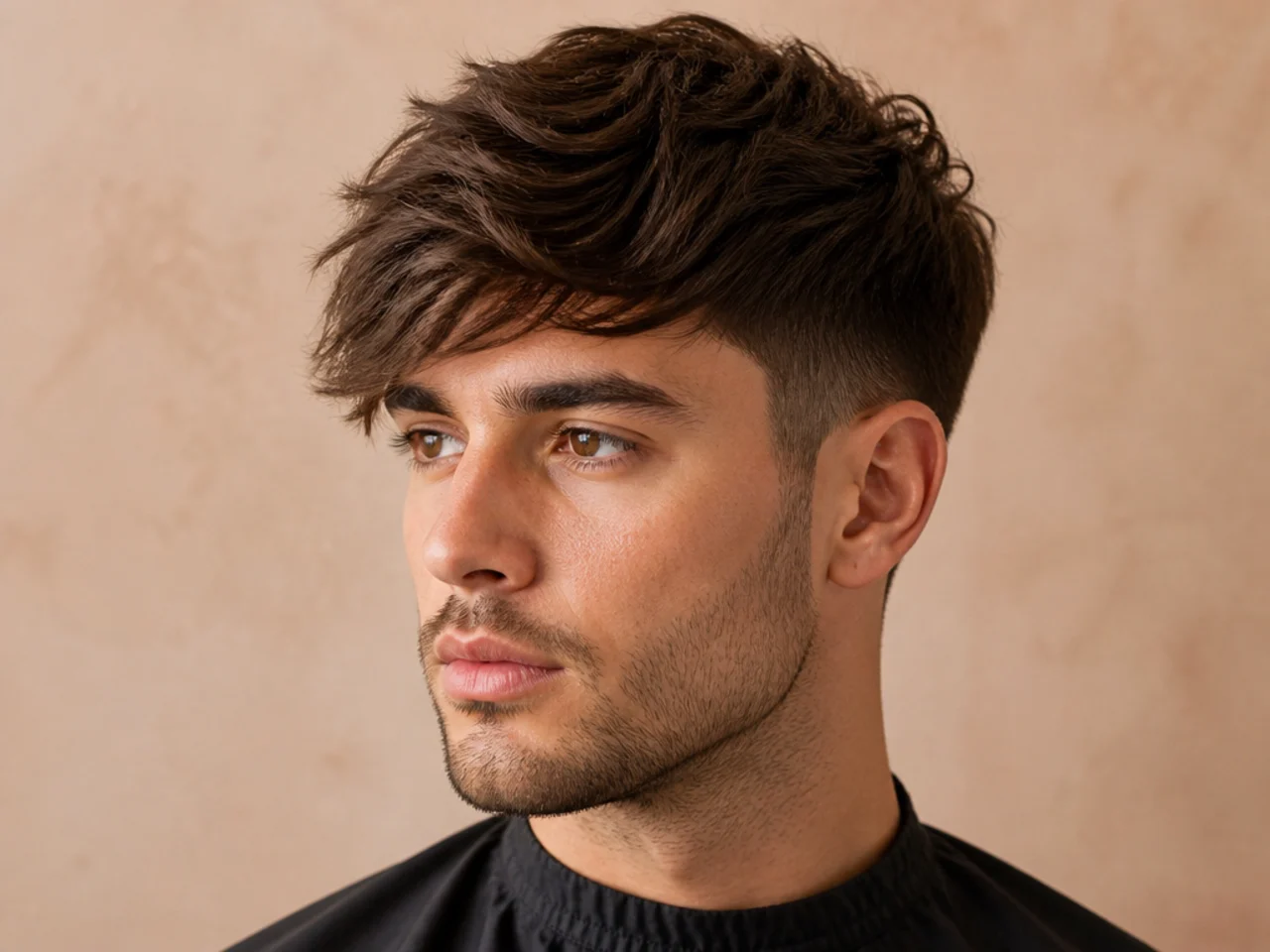 Side-swept textured fringe with diagonal flow across the forehead and low taper fade