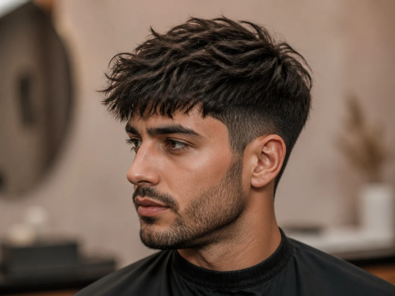 Forward textured fringe pushed straight forward and down across the forehead with clean fade