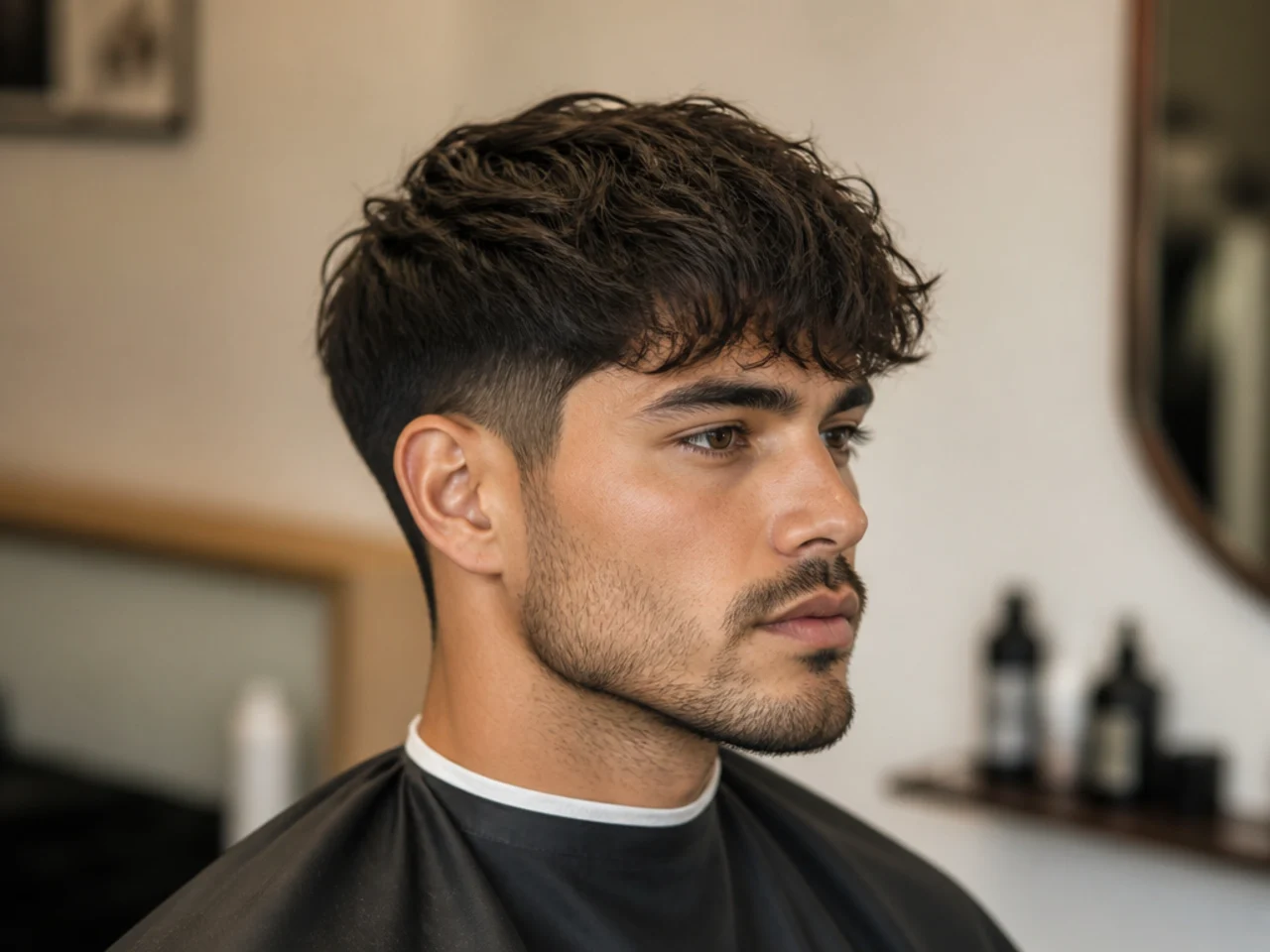 Barber consulting a client on a textured fringe haircut before starting the cut