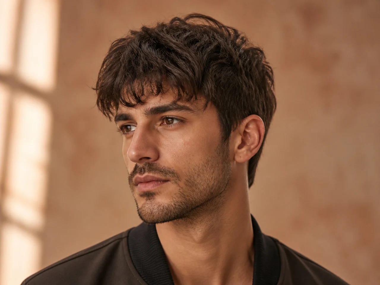 Textured fringe on a modern men's haircut with soft point-cut front section and low fade
