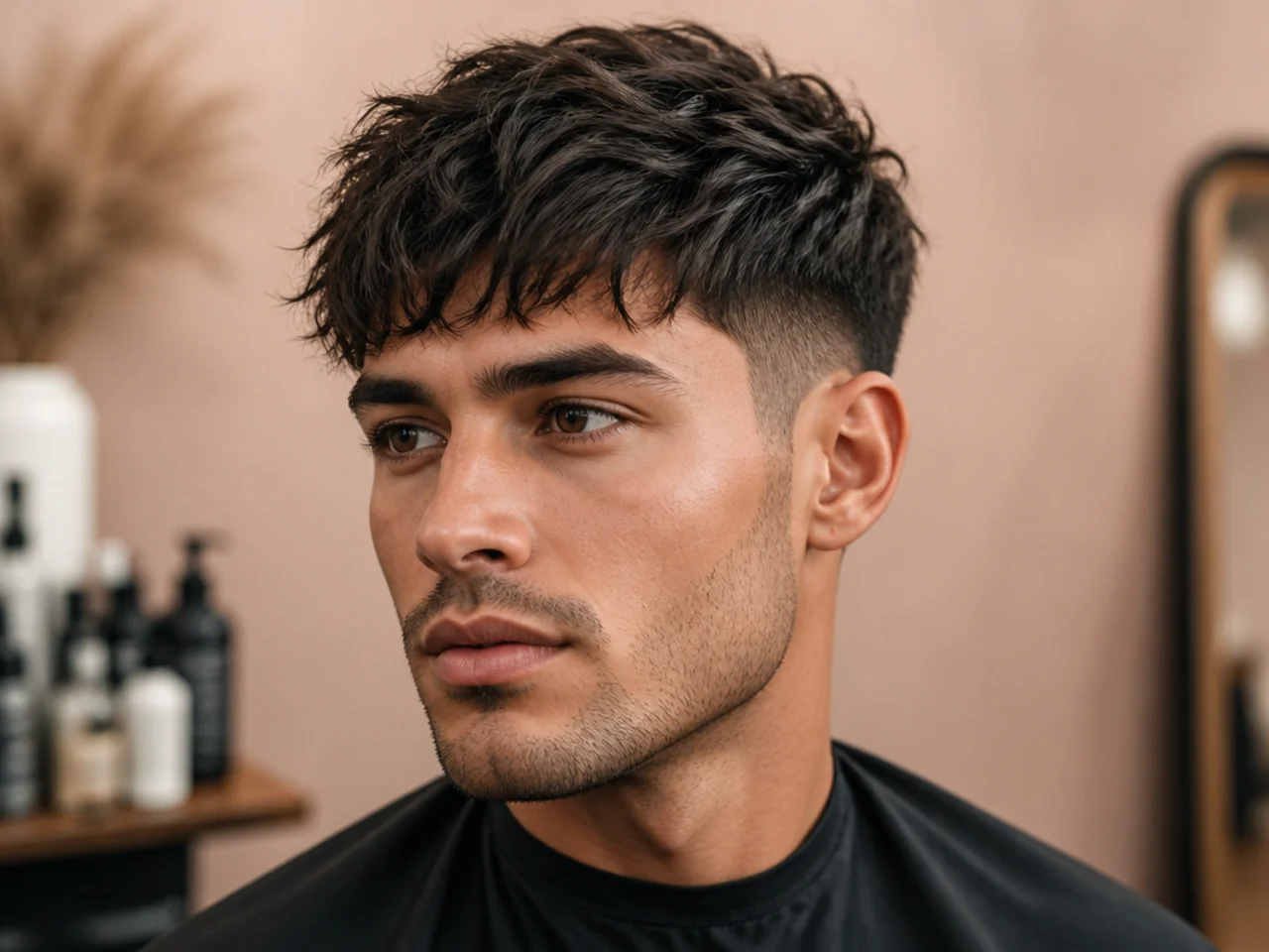 Close-up of a textured fringe on a man showing point-cut broken ends
