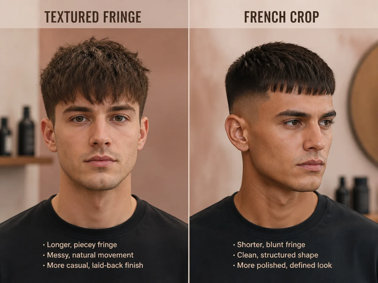 Side-by-side comparison of a textured fringe and a French crop haircut on two men