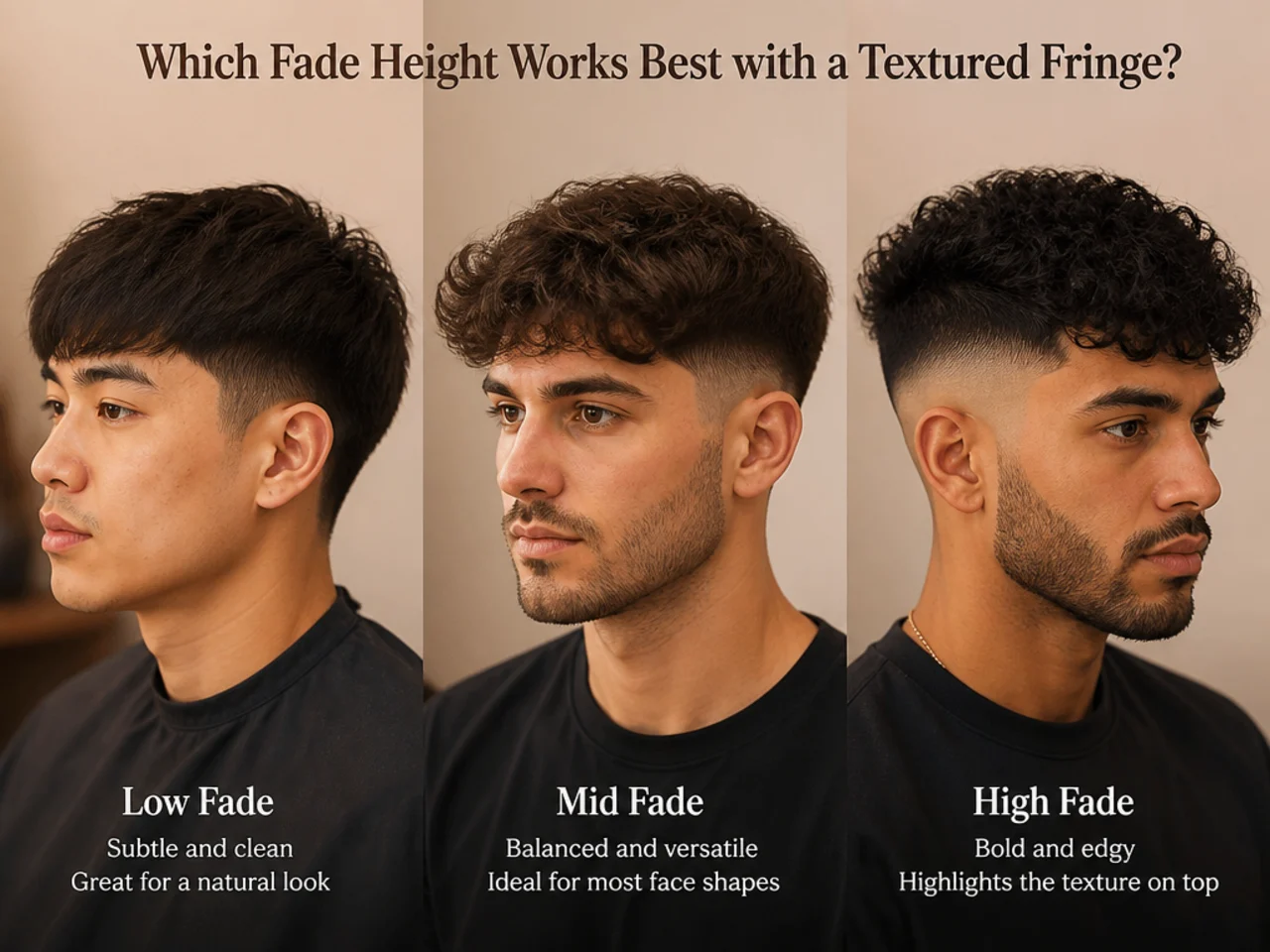 Three men showing textured fringes paired with low, mid, and high fade heights