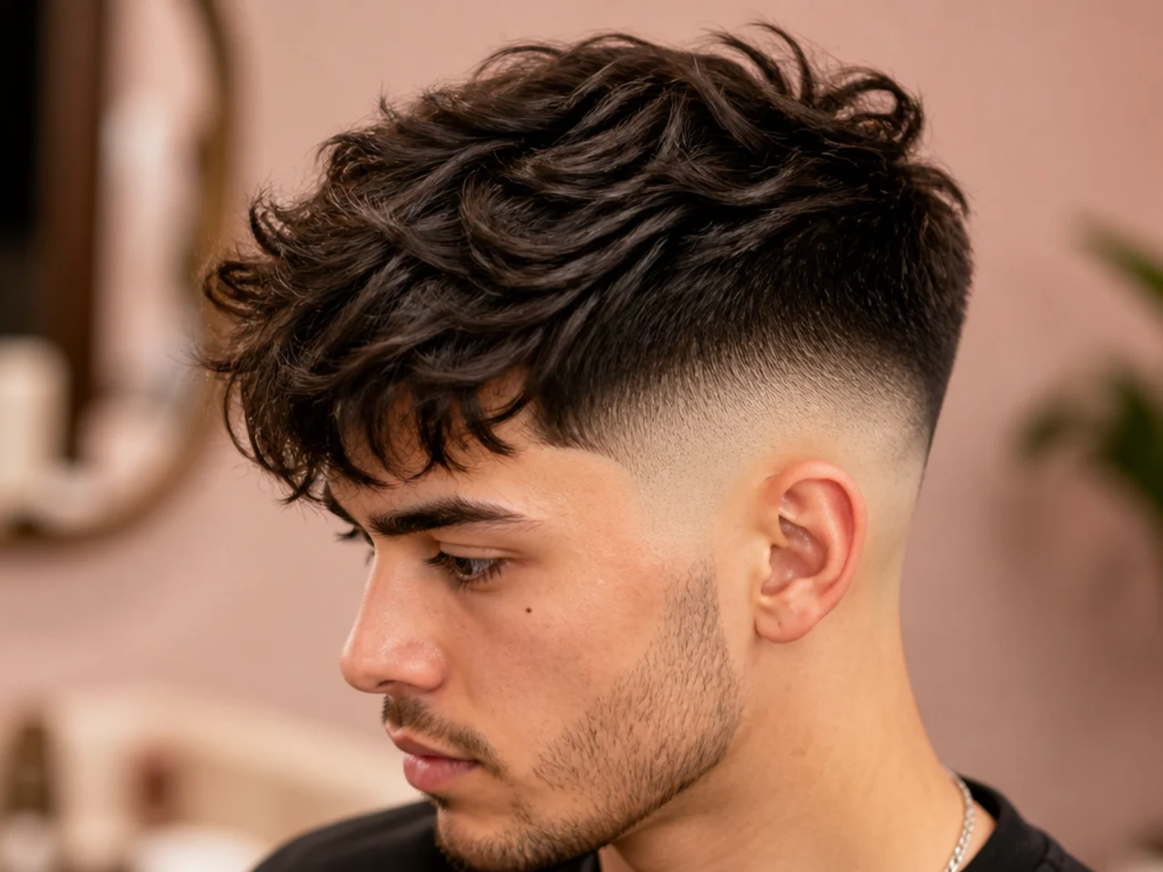 A long textured top over a high fade