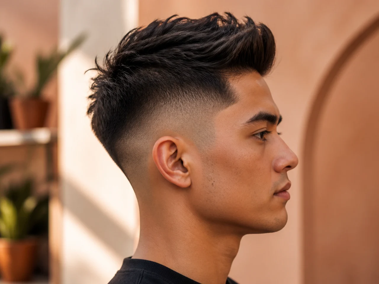 A textured quiff over a high fade