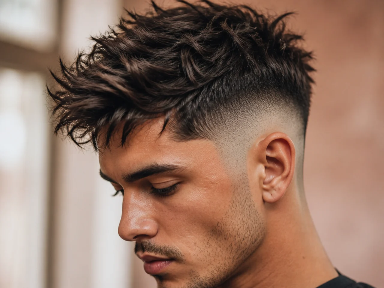 A messy textured high fade