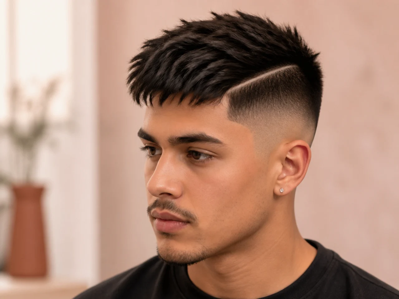 A textured high fade with a hard part