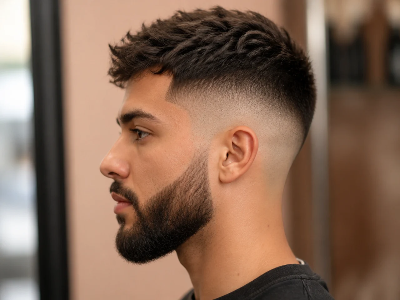 A textured high fade with a beard