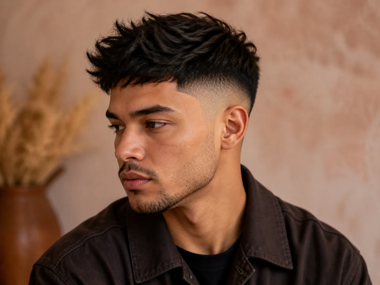 Three-quarter view of a textured high fade