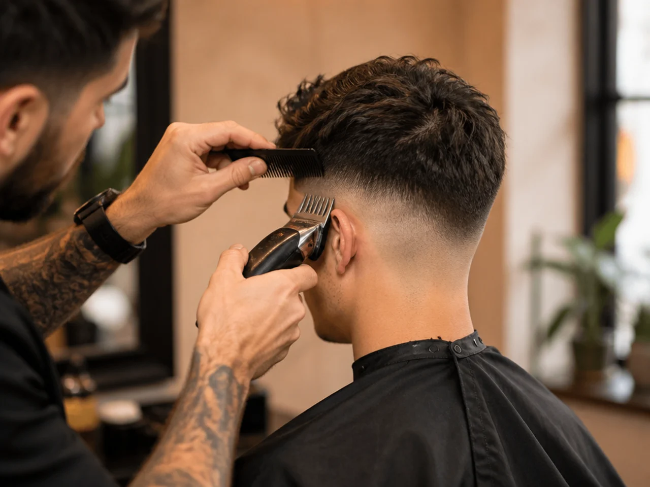 A barber cutting varied lengths into a textured high fade