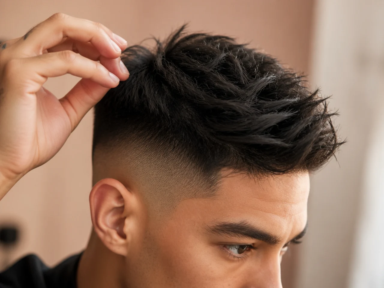 Matte clay being lifted at the root of a textured high fade