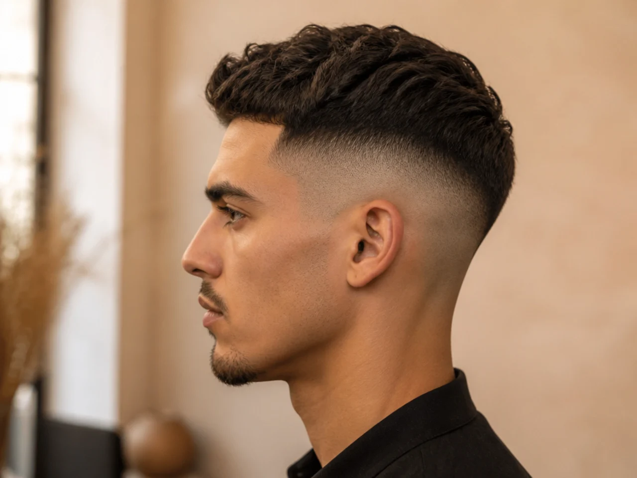 A textured top above a high fade with no overhang