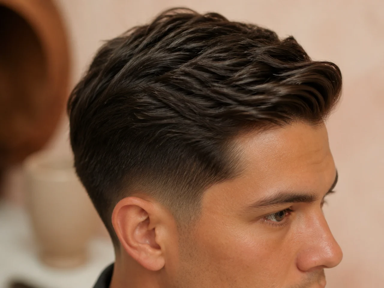 A textured ivy league over a low taper