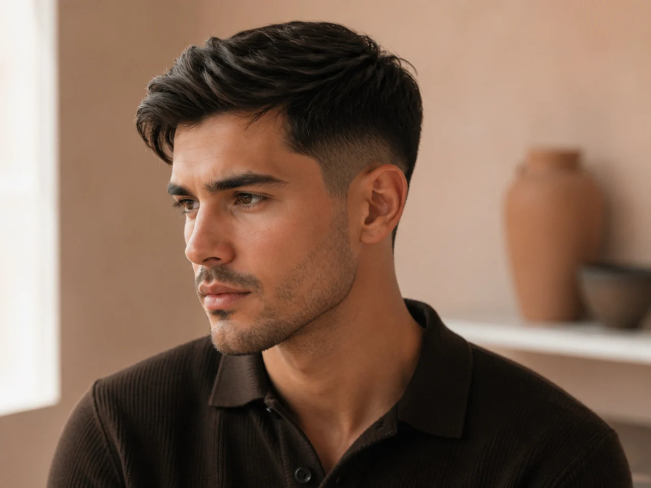 Three-quarter view of a textured ivy league haircut