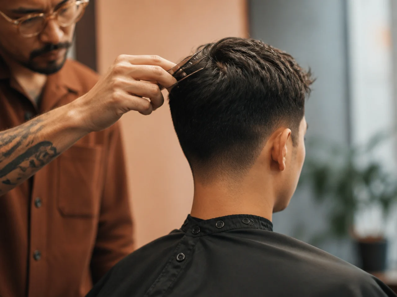 A barber checking the depth of point cutting on a textured top