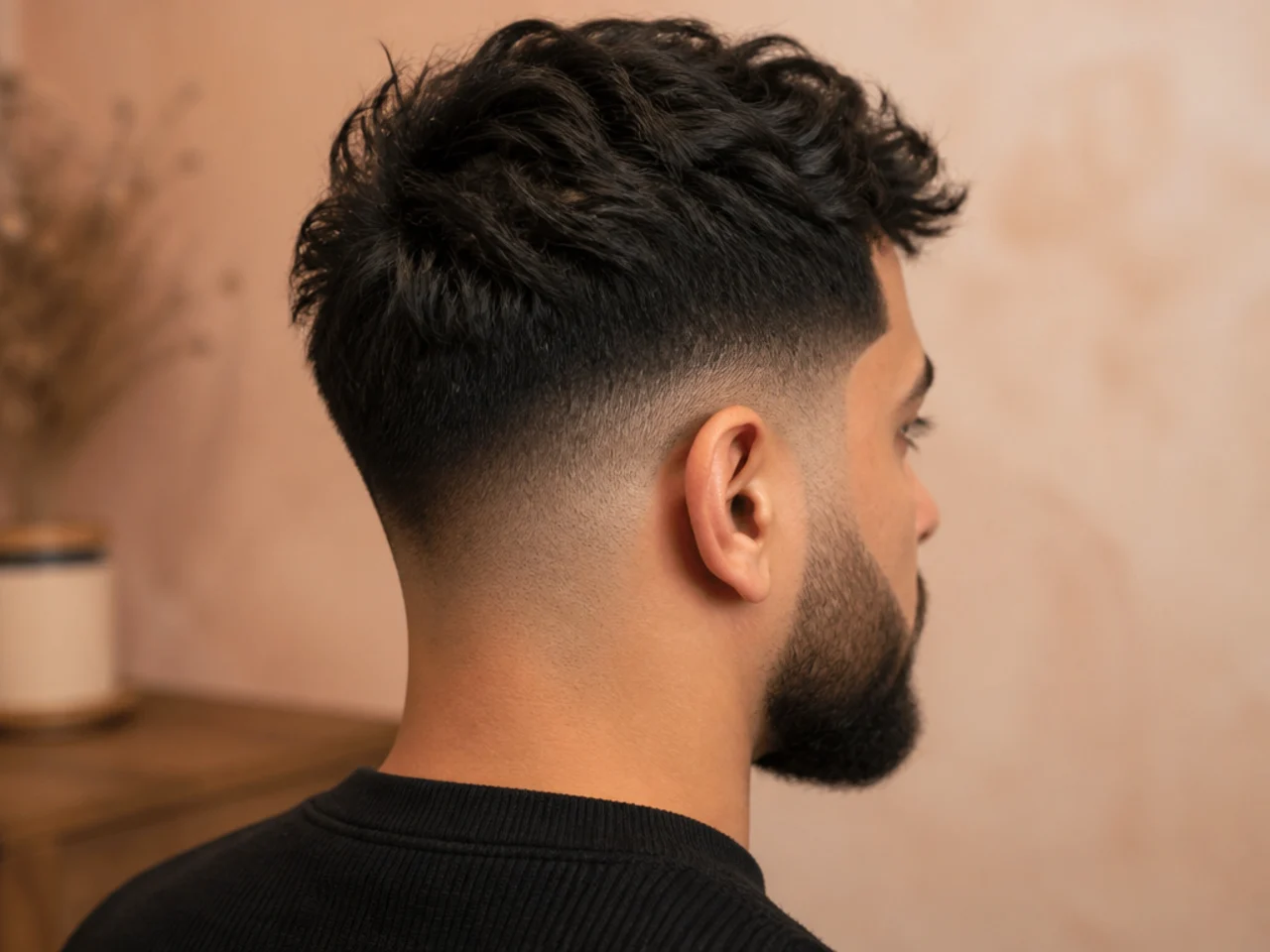 A textured low fade with a beard