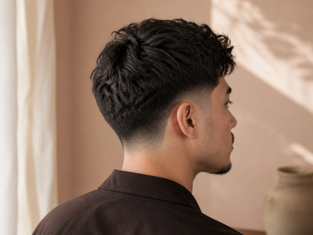 A textured low fade on thick hair