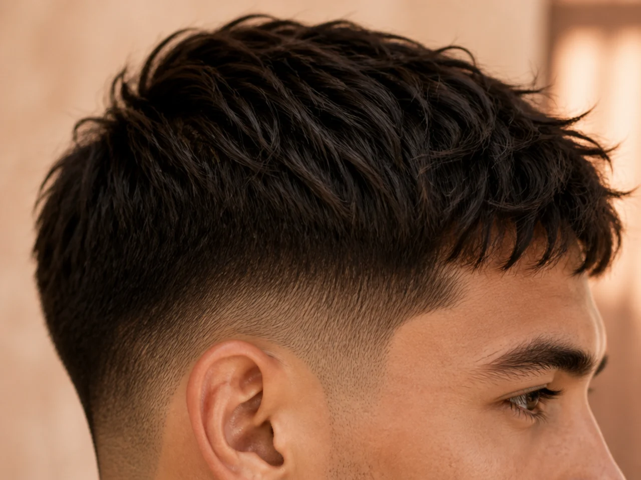 A textured low fade on fine hair