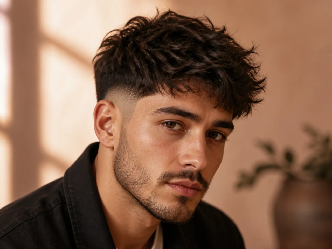 A messy textured low fade