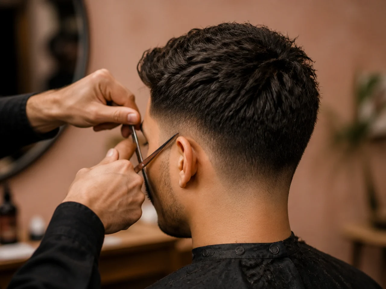 A barber point cutting the sides of a textured low fade