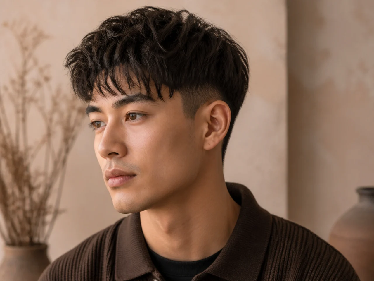A textured two-block haircut