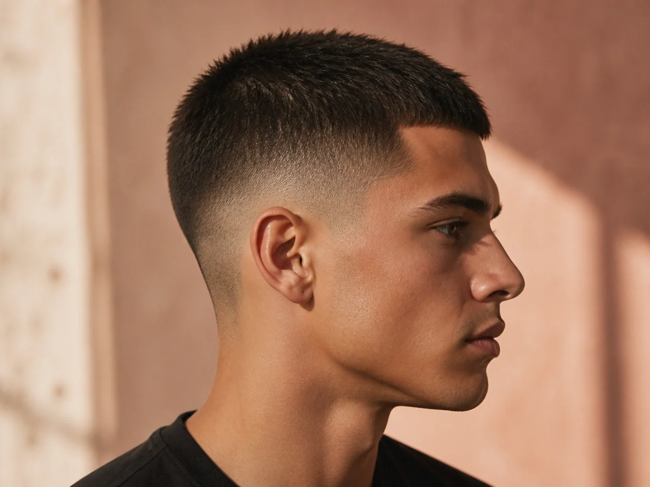 A buzz cut with a textured scissor pass