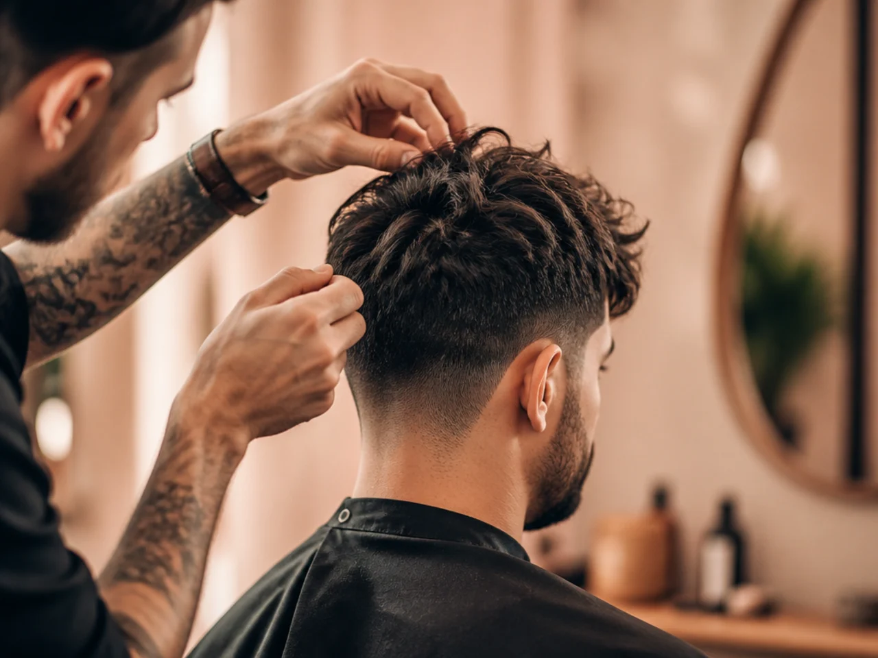 A barber demonstrating texturing techniques
