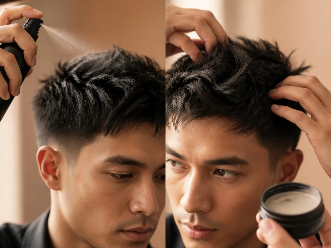 A pre-styling spray and a finishing clay used in sequence