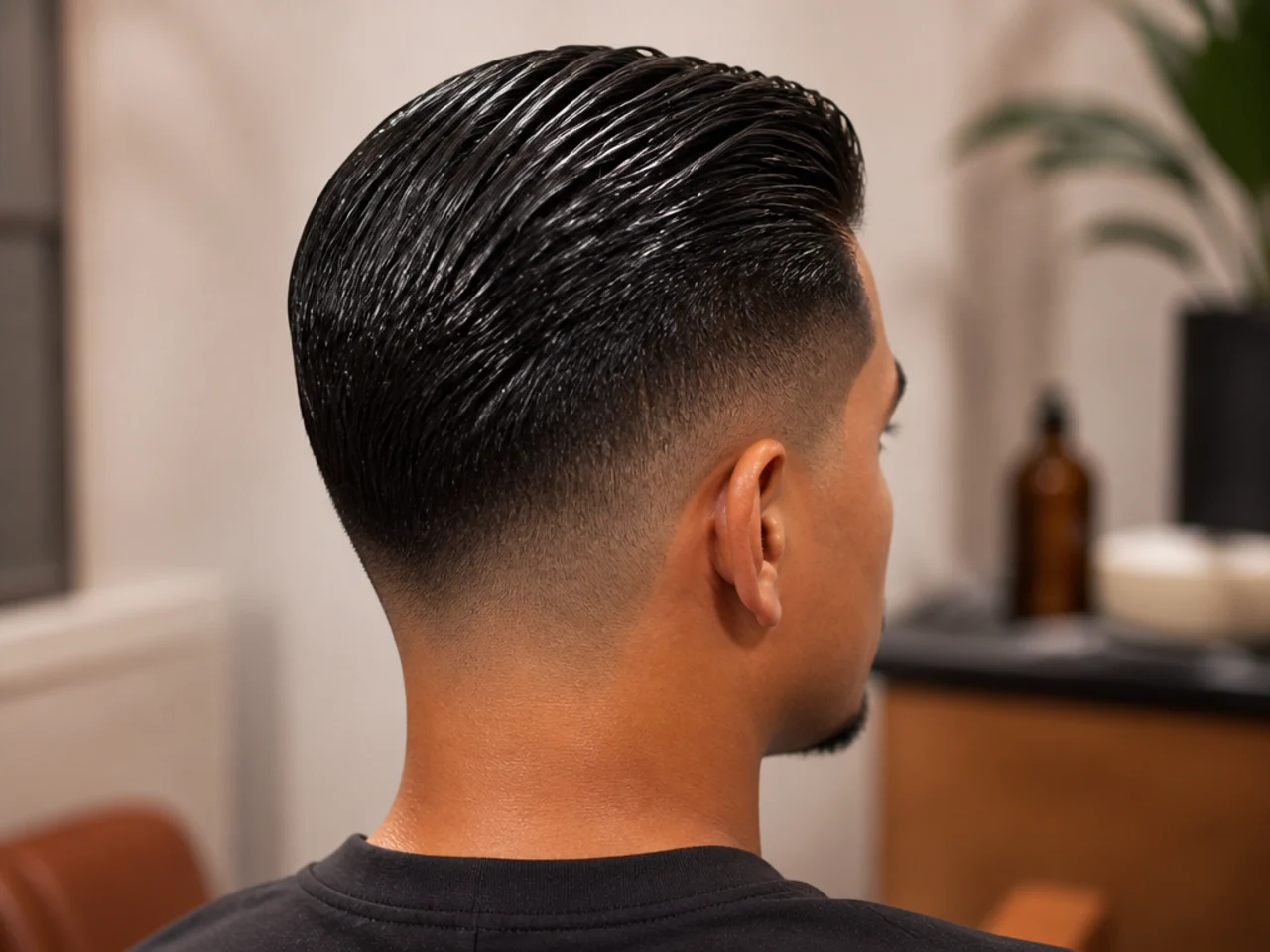 A gelled short hairstyle with a solid shiny surface