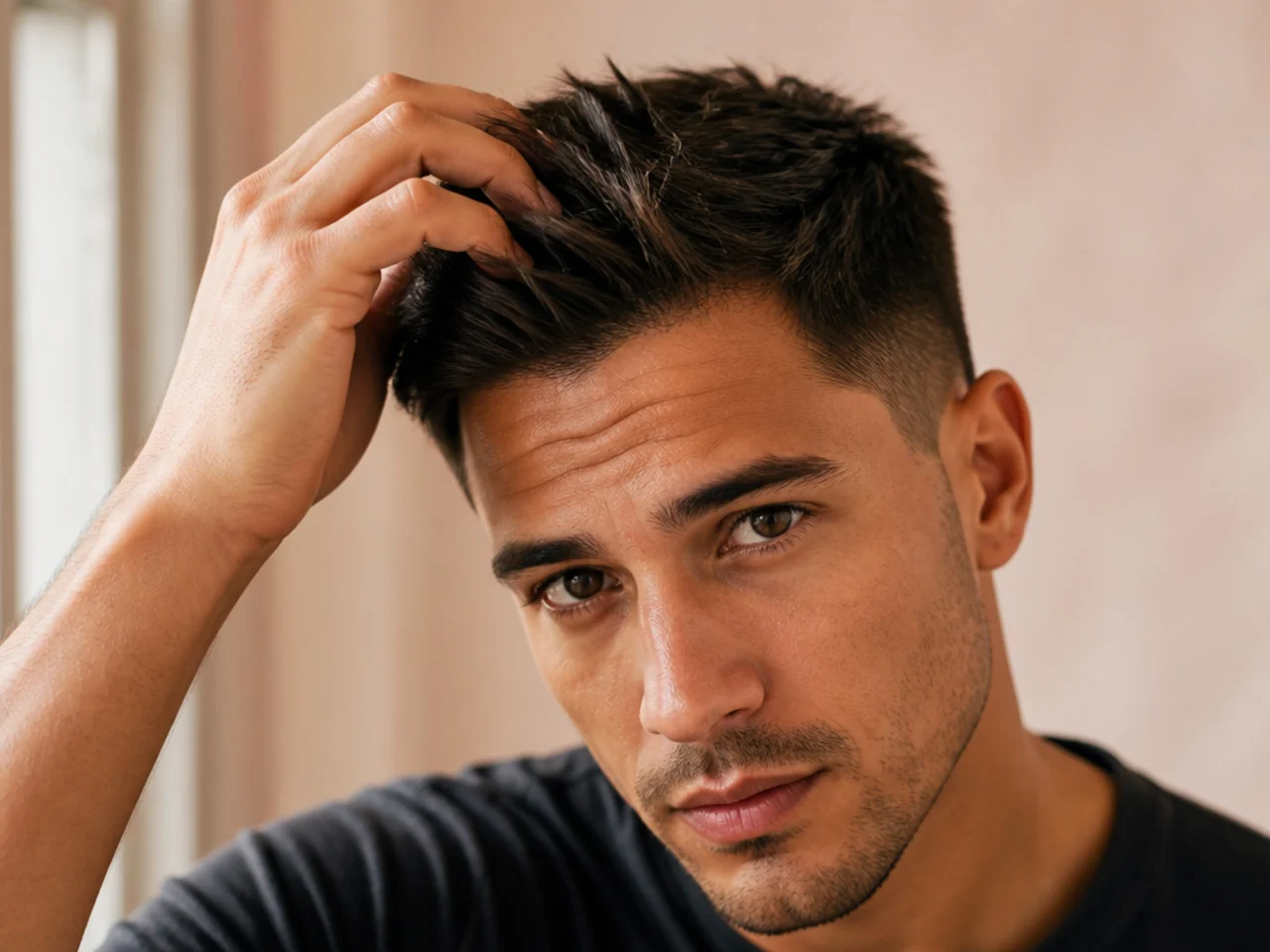 Short hair being lifted at the root after wearing a cap