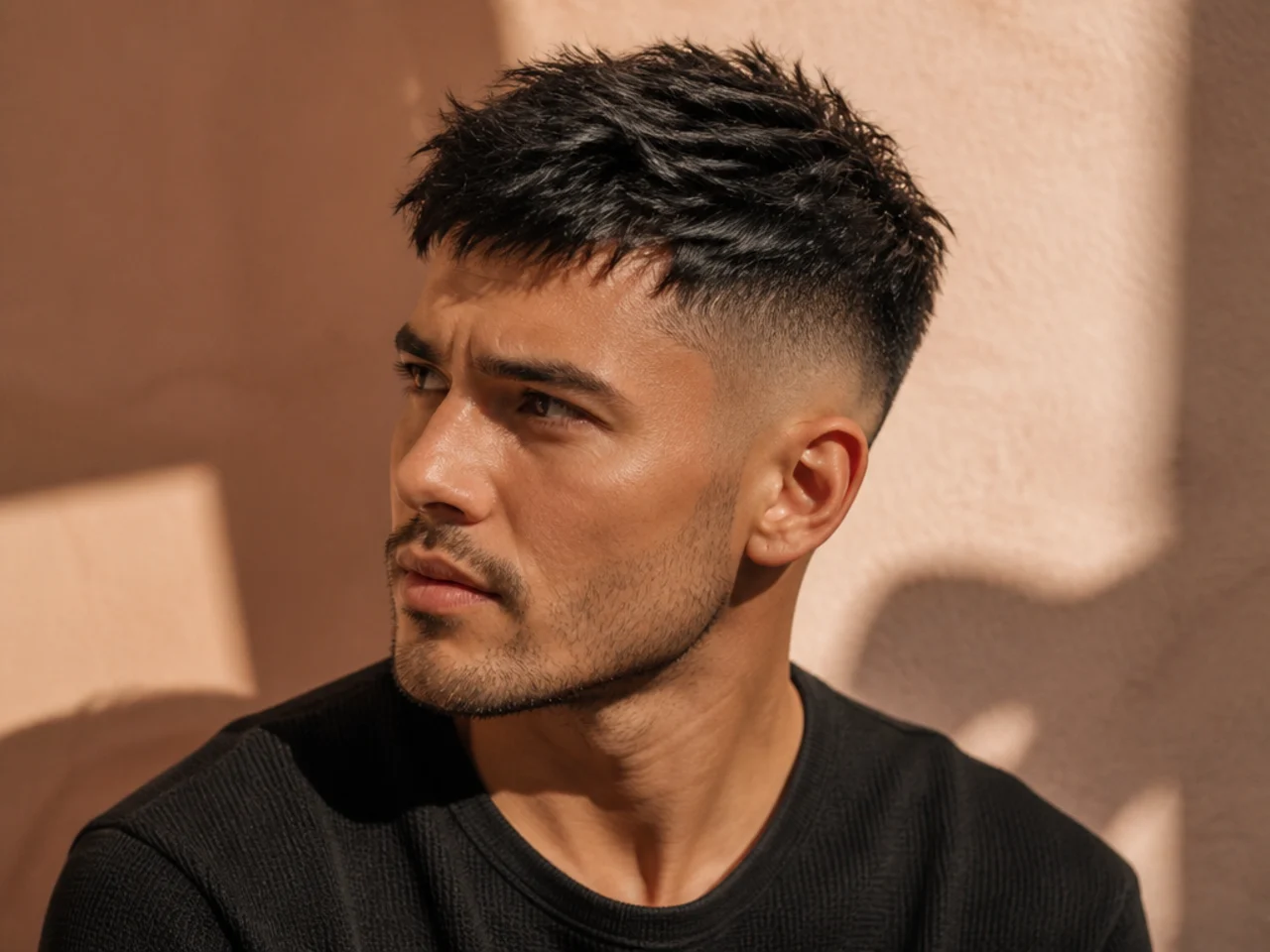 A short textured haircut photographed under direct light