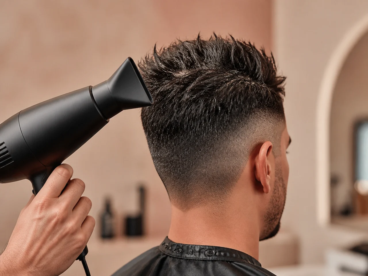 A dryer nozzle angled up the hair shaft at the root