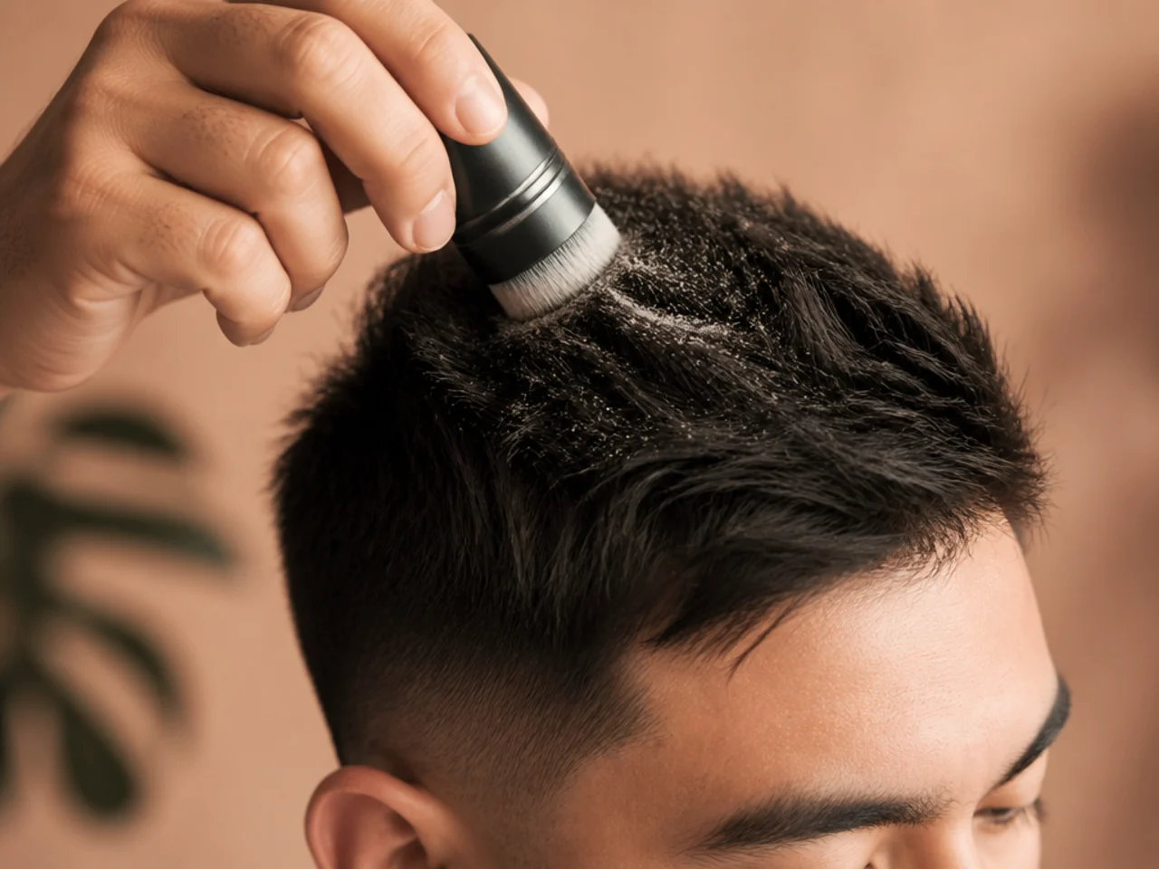 Texture powder being tapped into the roots of fine short hair