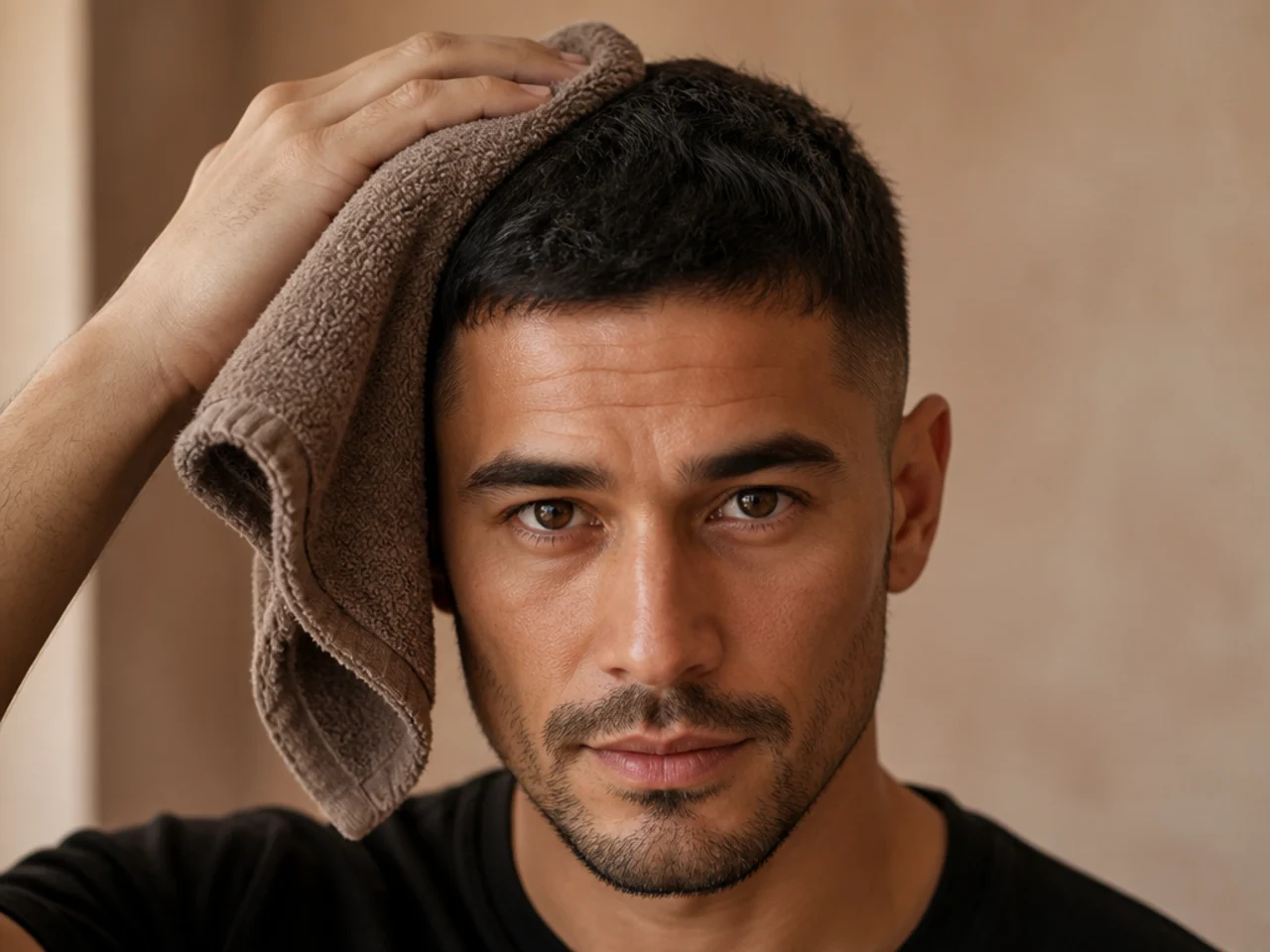 A towel blotting short hair against the growth direction