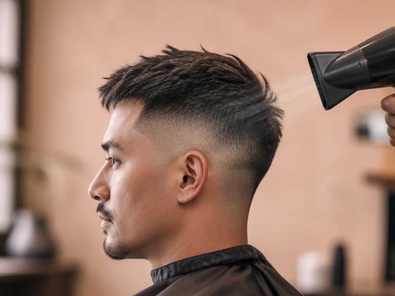 A cold shot of air finishing a short hairstyle