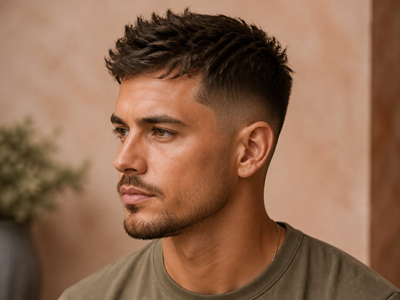 Three-quarter view of a matte textured short haircut
